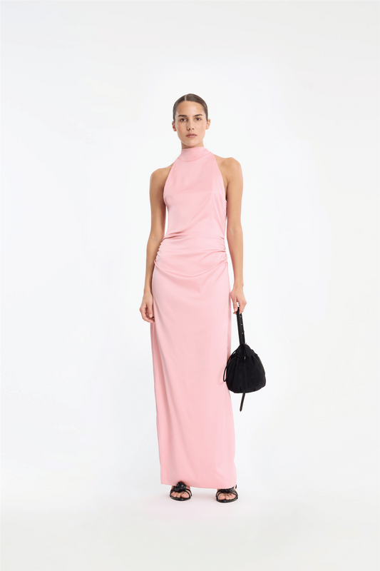 Halterneck Ruched Maxi Begonia Pink.