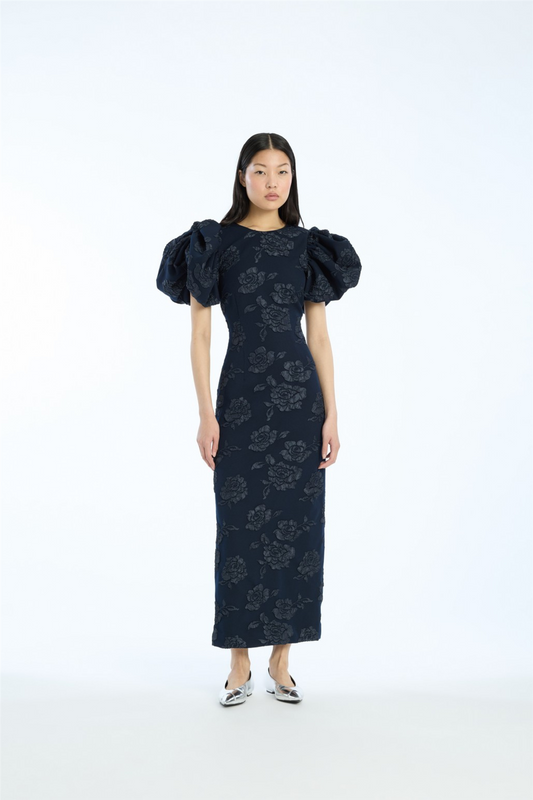 Jacquard Midi Puff Dress Sky Captain (Dark Blue)