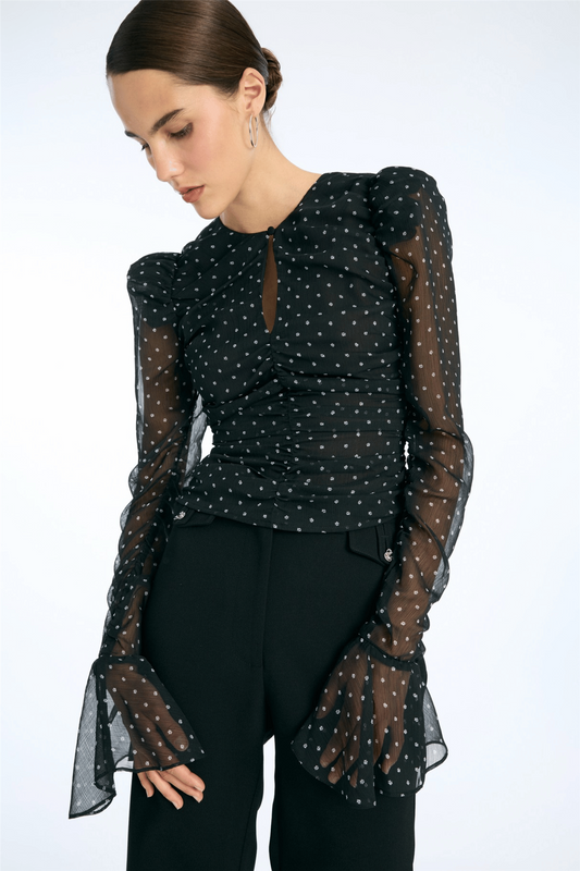 Chiffon Ruched Ls Top Black Comb.