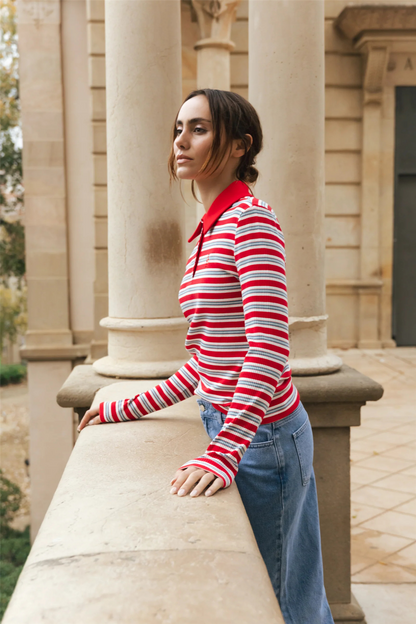 Lesliecras Polo Blouse Red Blue Stripe