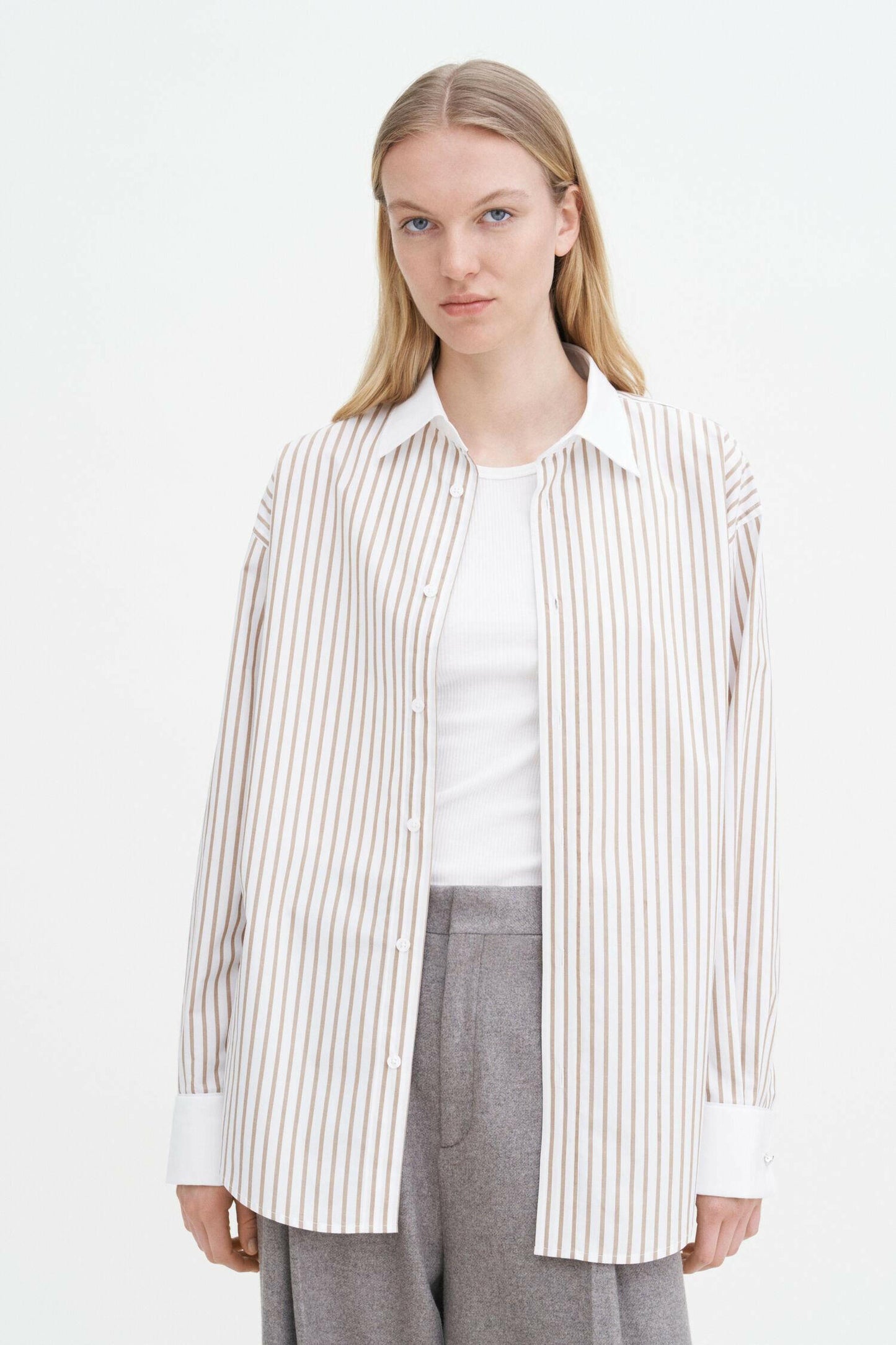 Cotton tuxedo shirt Light Brown Stripe.