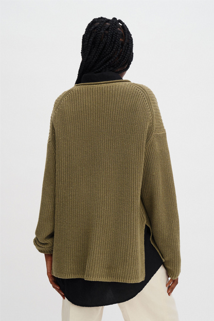 Ribbed Cotton Linen Sweater Light Olive Green