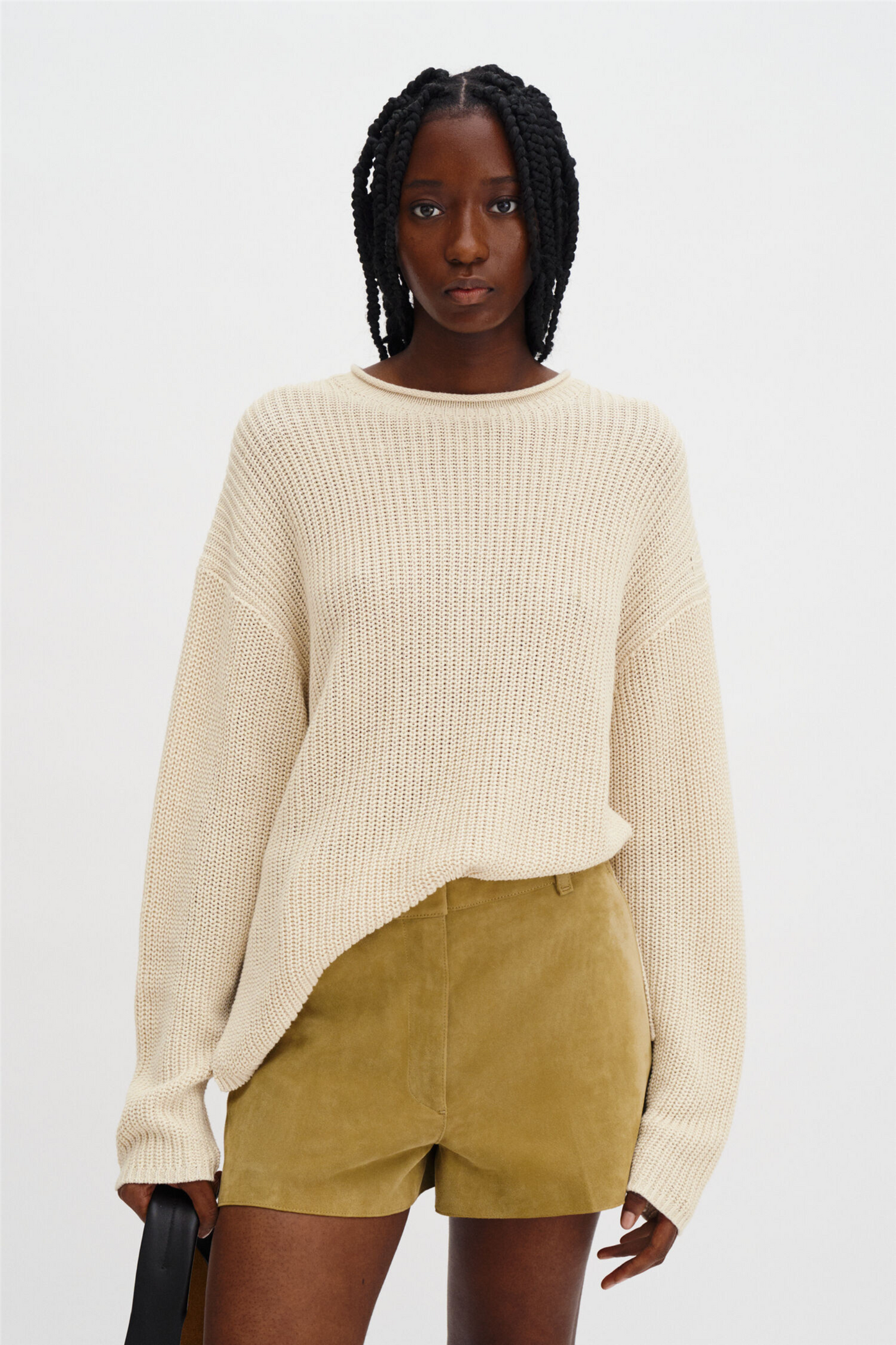 Ribbed Cotton Linen Sweater Cream White