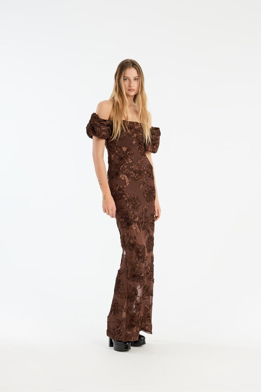 Flower Mesh Maxi Dress Chicory Coffee