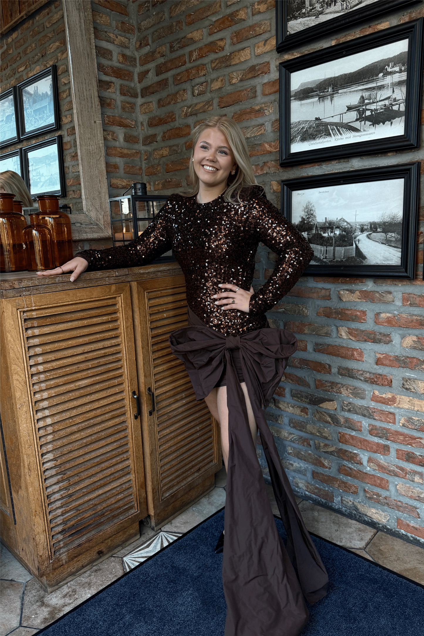 Sequins Bow Mini Dress Chicory Coffee