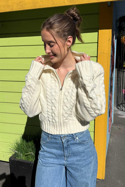 Knit Cable Zip Cardigan Egret